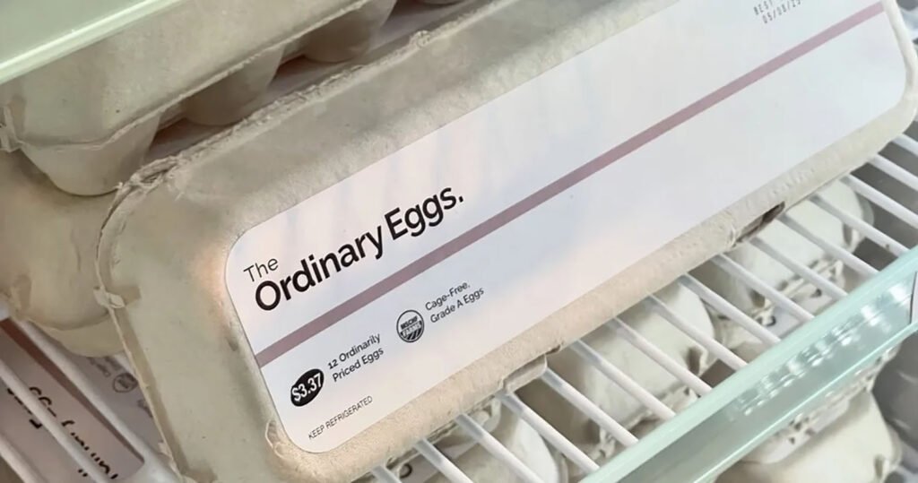 An egg box with "The Ordinary eggs" printed on it, it's a product of the beauty brand The Ordinary