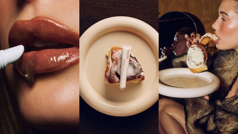 A landscape collage of three images that showcases Rhode’s sensory marketing. The first image is a lip balm dripping from shimmered lips, the second image is the lip balm placed on an iced cinnamon bun placed on a white Gustaf Westman plate, and the last image is a woman in a fur coat eating that cinnamon bun.