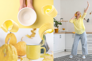 A compilation of butter yellow things as a collage. It includes a mug, butter, lemons, and a woman in butter yellow jumper grooving to music