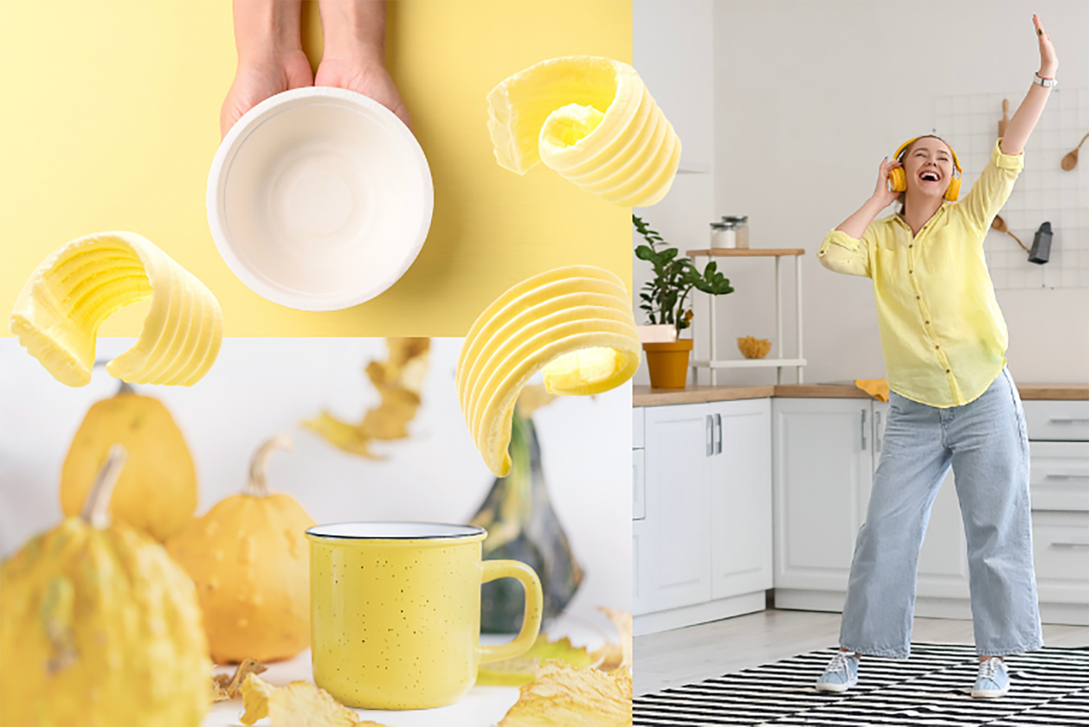 A compilation of butter yellow things as a collage. It includes a mug, butter, lemons, and a woman in butter yellow jumper grooving to music