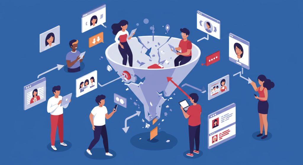 graphic of a funnel with different people around it and in using their digital devices and causing cracks