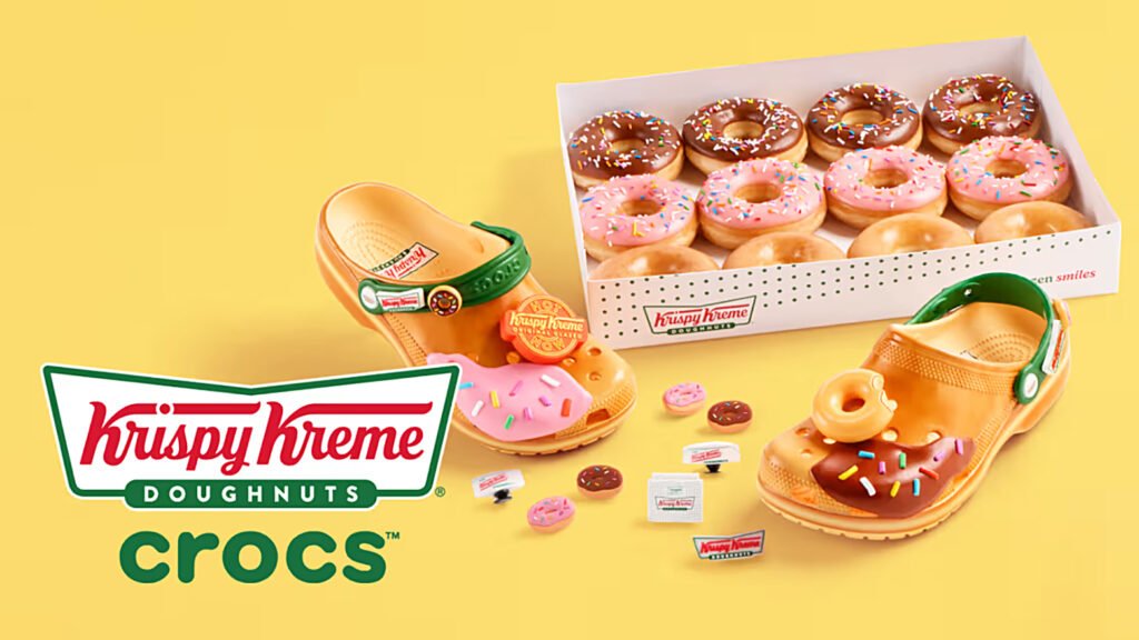 a box of krispy kreme doughnuts besign a Crocs clog with doughnuts charms for a sensory marketing collab