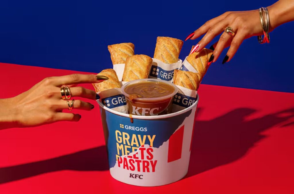 A bucket of Greggs sausage rolls with KFC gravy in a brand partnership for sensory marketing
